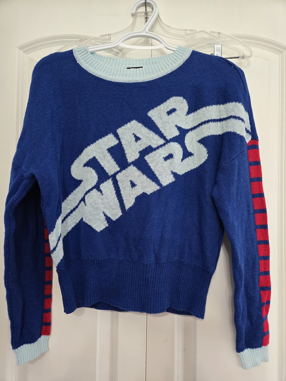Star Wars Blue Crewneck Sweater with Light Blue Trim and Red Stripe Sleeves
